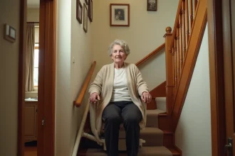 Femme âgée assise sur un monte escaliers portable dans un intérieur domestique chaleureux avec escalier en bois