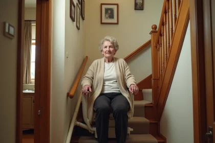 Femme âgée assise sur un monte escaliers portable dans un intérieur domestique chaleureux avec escalier en bois