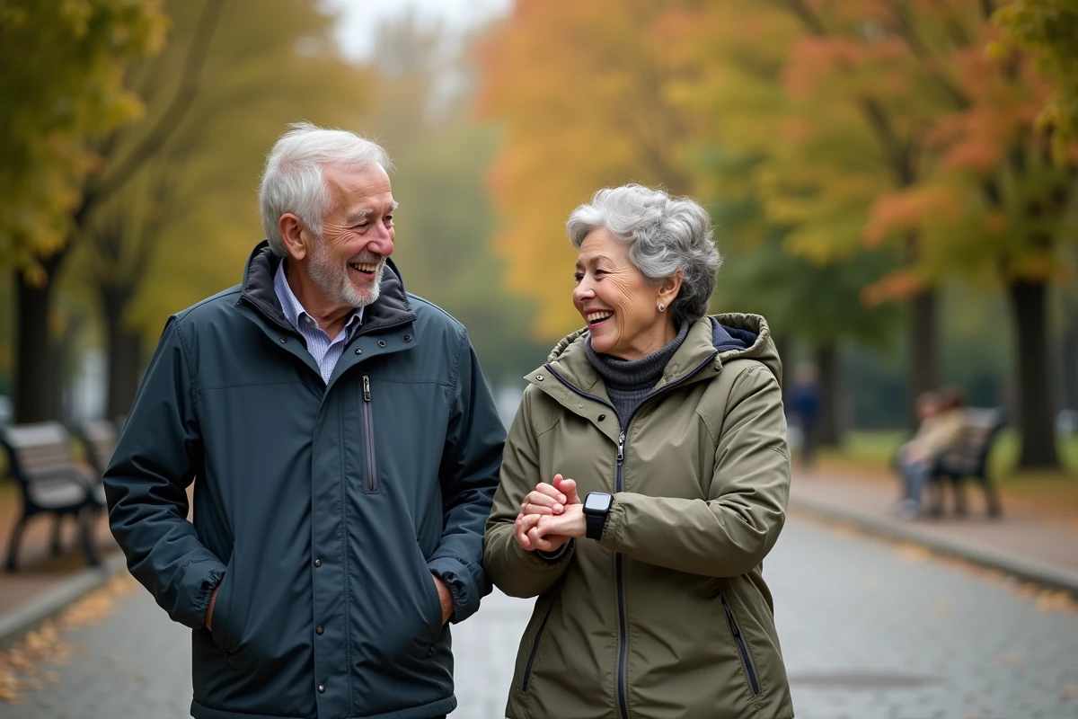 Couple de seniors en promenade dans un parc urbain avec une montre étanche anti-chute visible au poignet