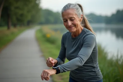 Femme senior active vérifiant sa montre connectée étanche et anti-chute lors d'une promenade au bord d'un lac