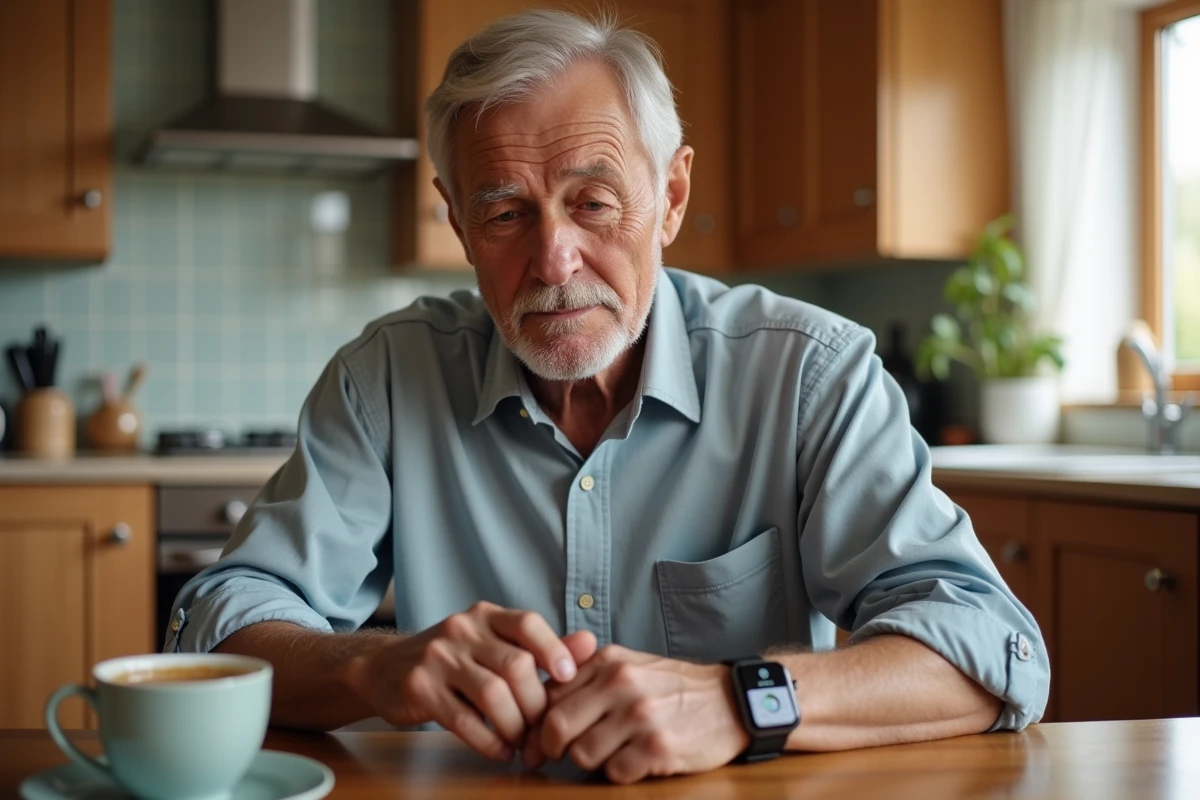 Homme senior consultant les alertes anti-chute de sa montre connectée étanche dans sa cuisine