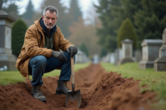 Ouvrier de cimetière avec pelle près d'une tombe fraîche