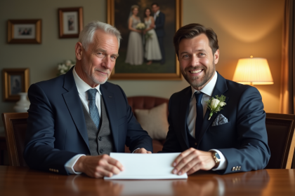Père et fils en costume lors d'une cérémonie de mariage