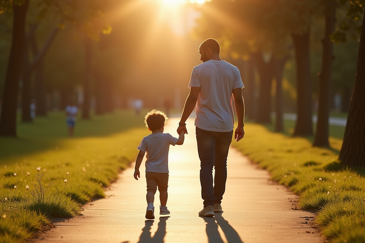 Parent seul main dans la main avec enfant dans un parc ensoleille