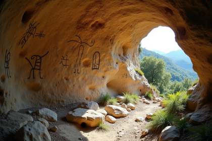 Mur de grotte ancienne avec art rupestre abîmé