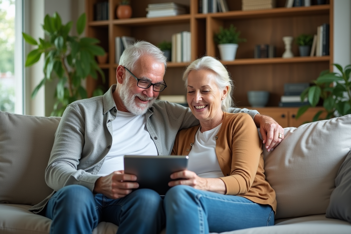 Père et fille discutent ensemble sur un canapé avec tablette