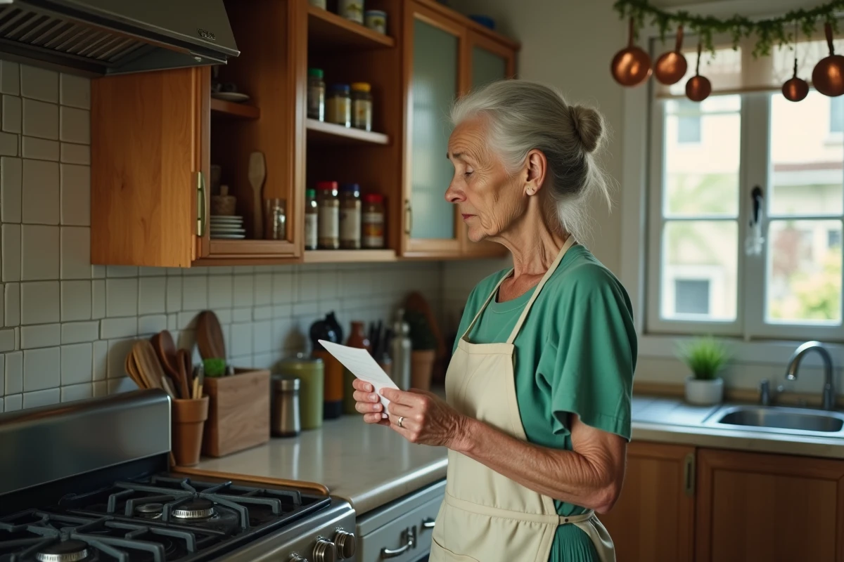 Femme âgée hésitant devant ses placards de cuisine avec une liste de courses, signe précoce de fragilité et de difficultés dans les activités instrumentales quotidiennes