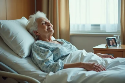 Personne âgée en fin de vie allongée dans un lit d'hôpital, mains posées sur les draps blancs dans un environnement médical calme
