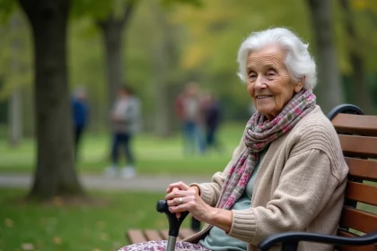 Femme &acirc;g&eacute;e assise dans un parc verdoyant