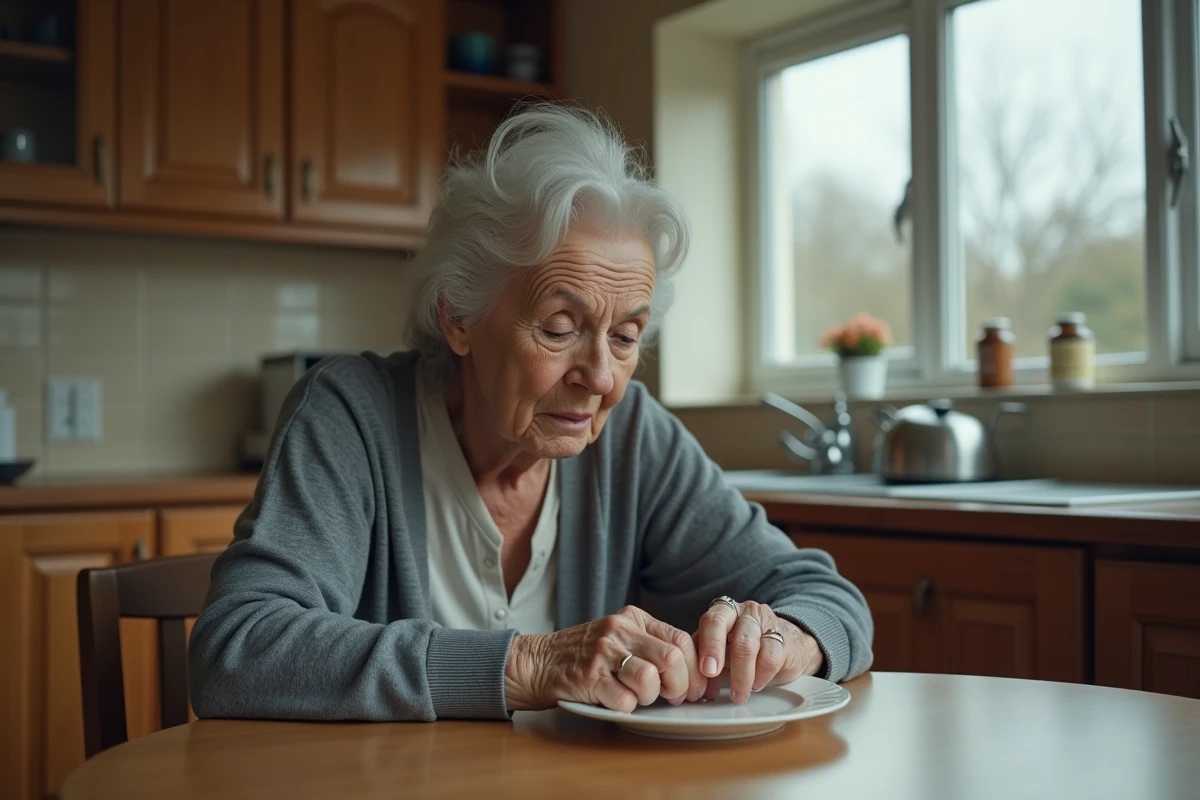 Personne âgée assise seule à table devant un repas non touché, signe d'alerte de perte d'appétit et de détresse en fin de vie