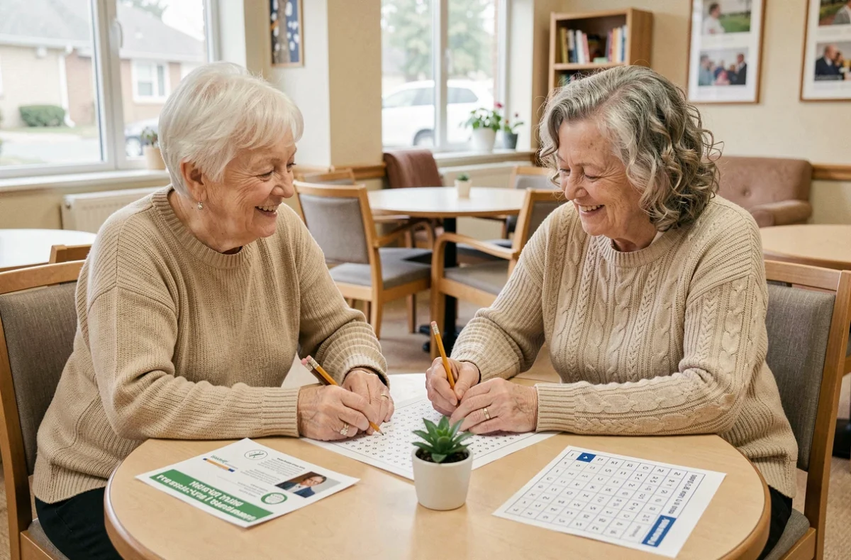 Deux femmes âgées jouant ensemble aux mots mêlés imprimés avec la grille solution dans un espace communautaire