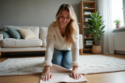 Jeune femme posant une sous-tapis antidérapant sur un tapis