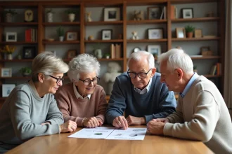 Quatre personnes agees autour d'une table en salon chaleureux