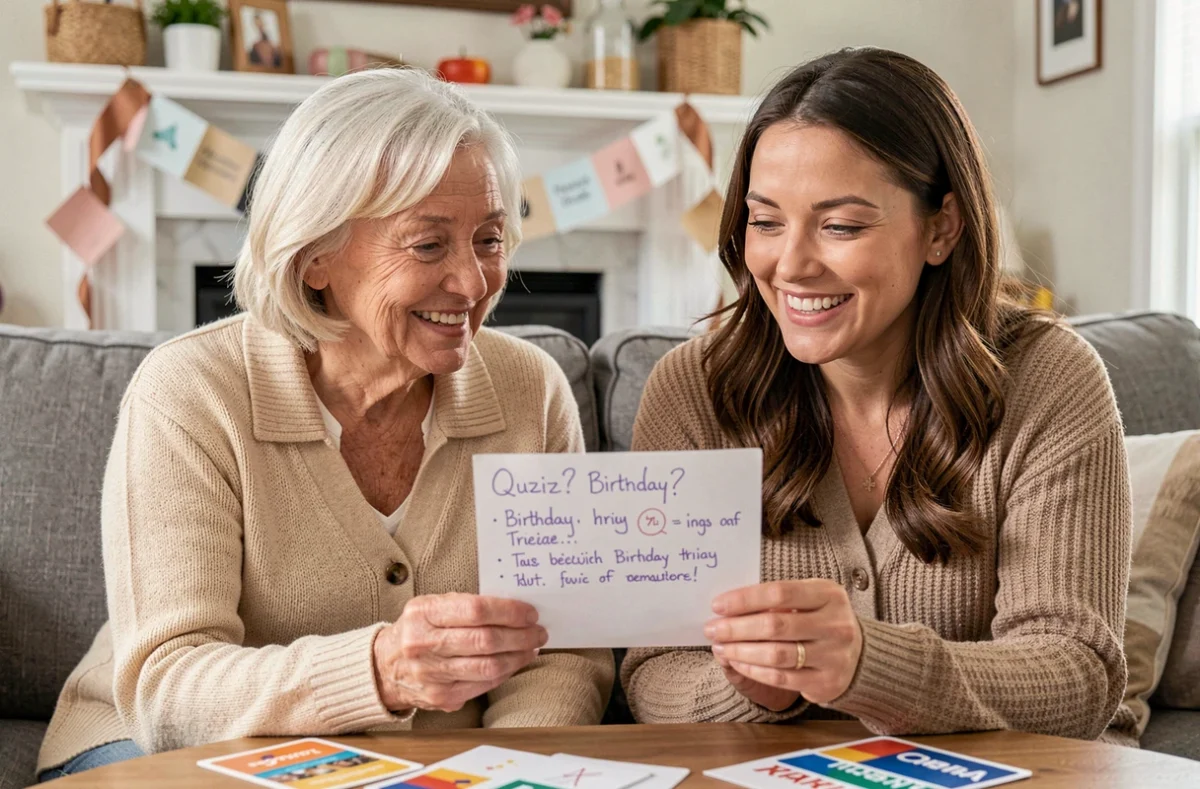 Deux femmes de générations différentes souriant pendant un quiz d'anniversaire 70 ans dans un salon décoré