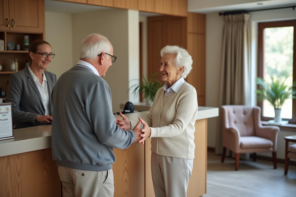 Senior et personnel discutant &agrave; la reception dans une residence moderne