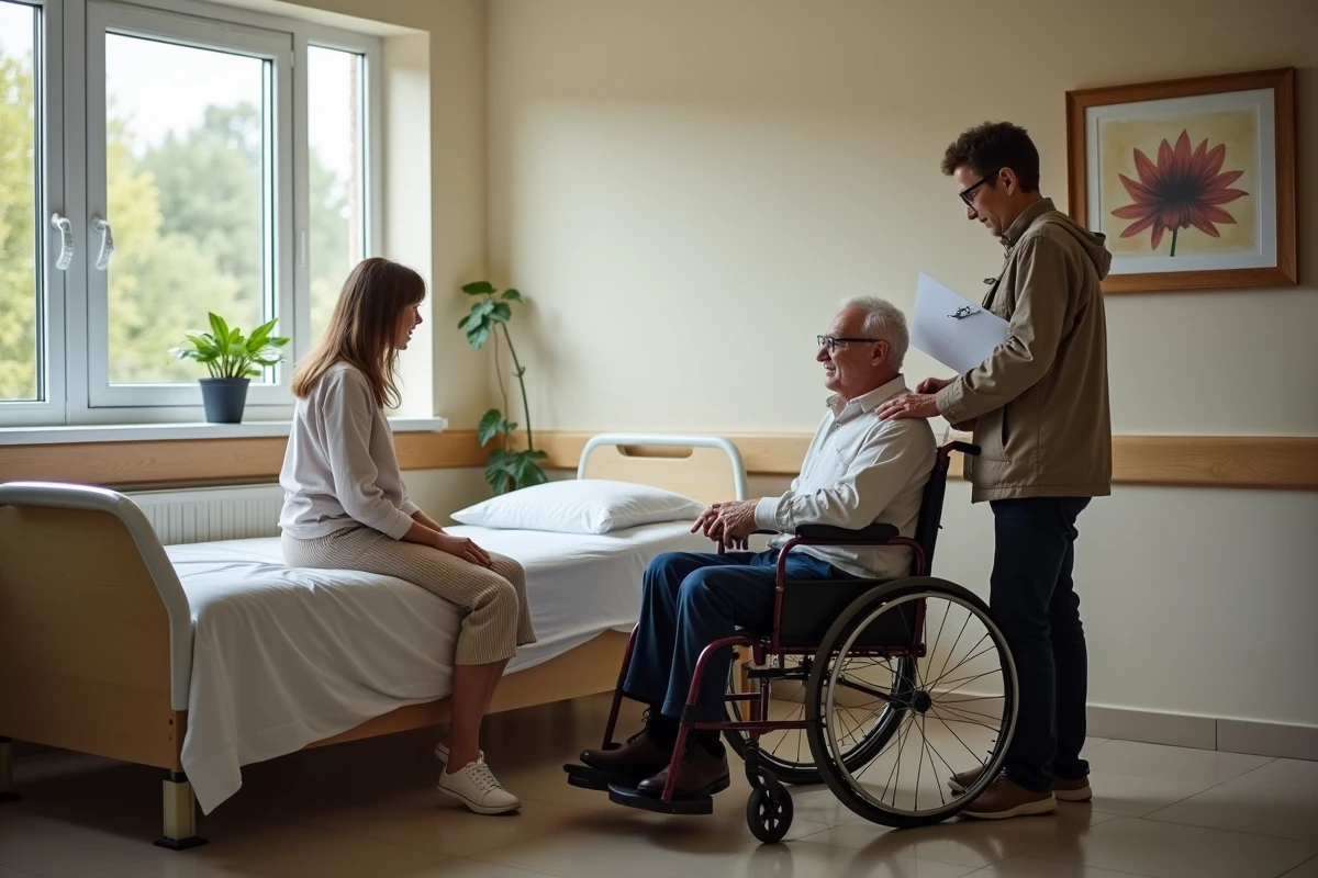 Résident en EHPAD entouré de sa famille et d'un administrateur discutant des modalités d'habilitation familiale générale ou spéciale