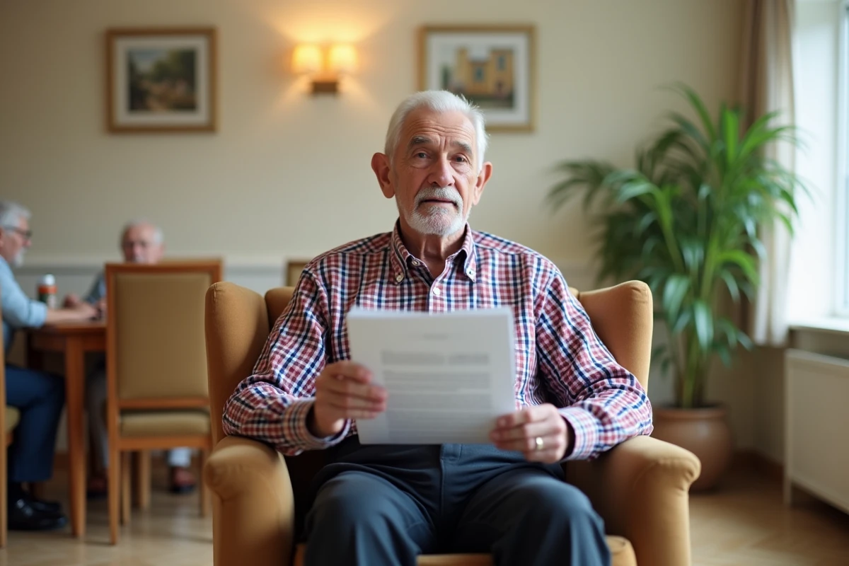 Un homme âgé consulte une brochure d'information sur les services d'un EHPAD dans la région d'Ibos