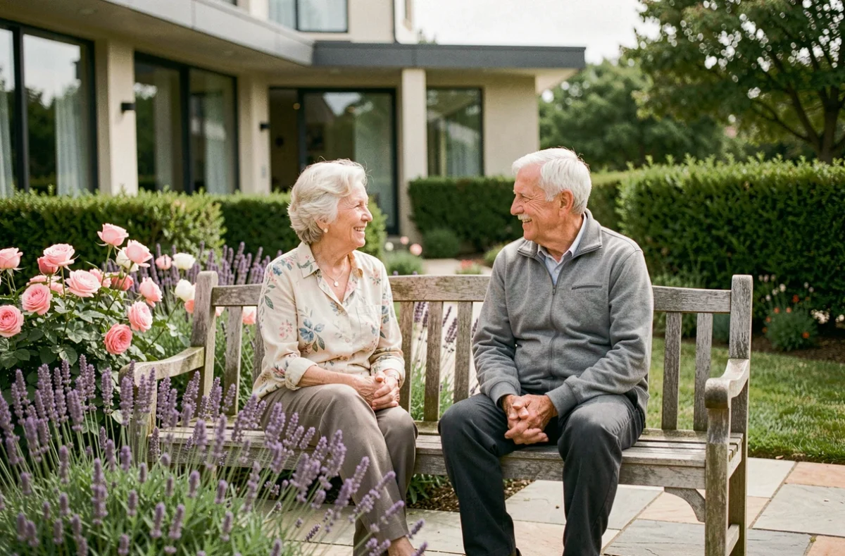 Résidents d'une maison de retraite moderne profitant d'un moment de convivialité dans le jardin