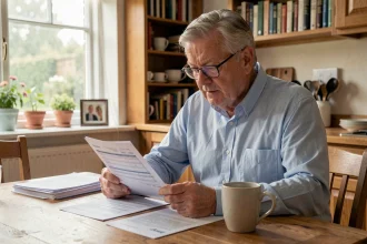 Un retraité examine ses documents fiscaux et relevés de pension à la table de cuisine pour optimiser ses impôts à la retraite