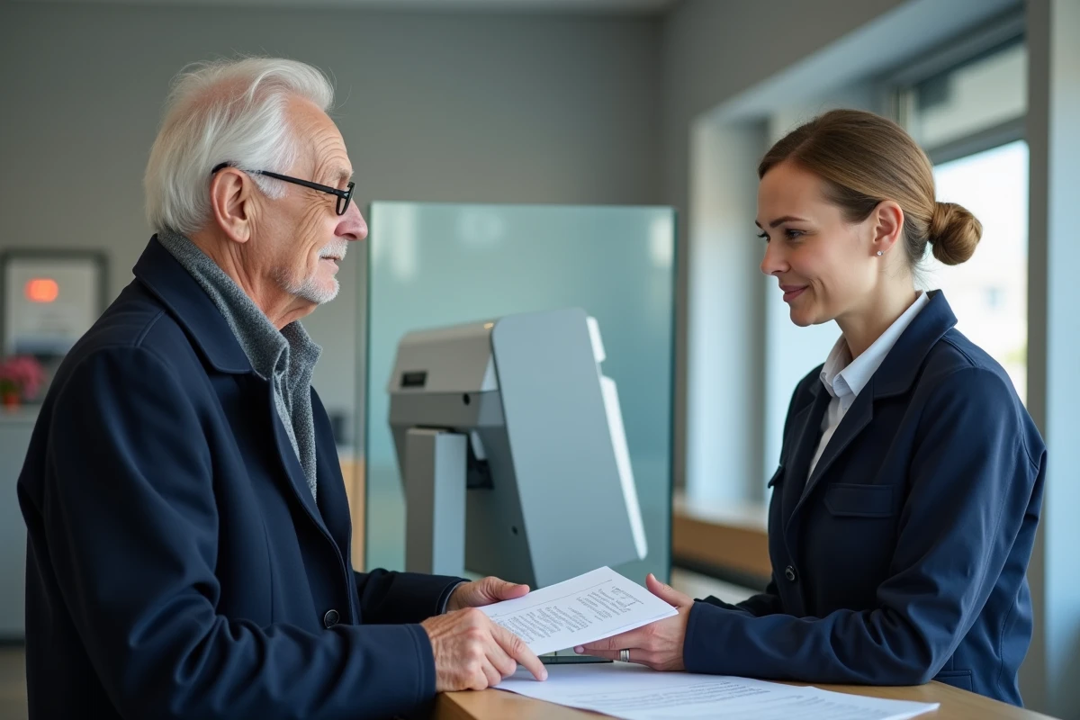 Retraité déposant un dossier de réclamation pour retard de paiement Agirc-Arrco dans un bureau de poste