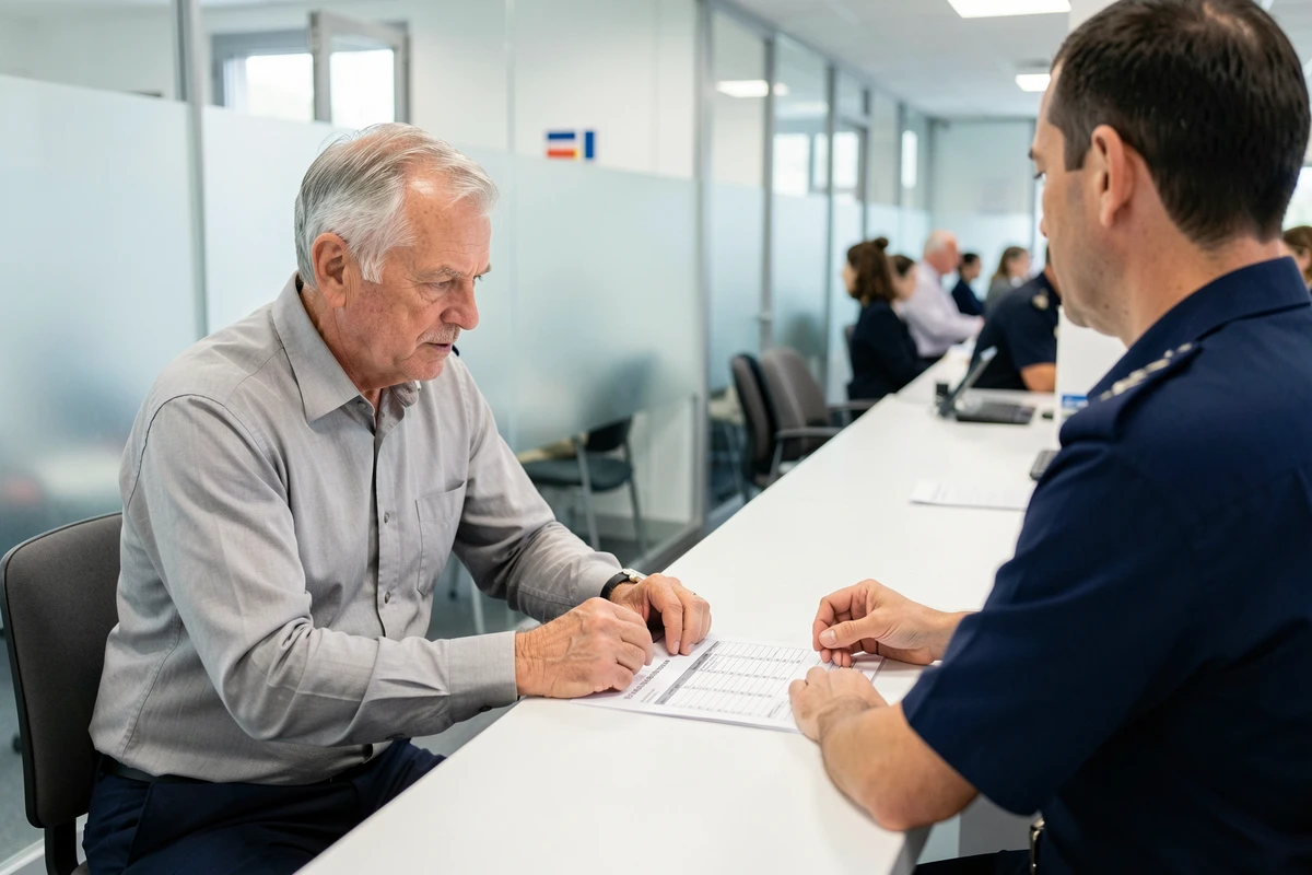 Gendarme retraité discutant de ses droits à la retraite et bonifications avec un conseiller en pension militaire