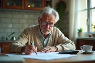 Retraité de 68 ans examinant des documents fiscaux à sa table de cuisine, illustrant la nouvelle taxe sur les retraites