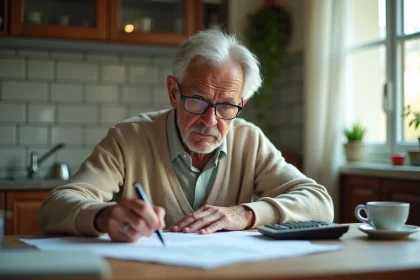 Retraité de 68 ans examinant des documents fiscaux à sa table de cuisine, illustrant la nouvelle taxe sur les retraites
