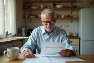 Retraité inquiet consultant ses documents de pension à la table de sa cuisine