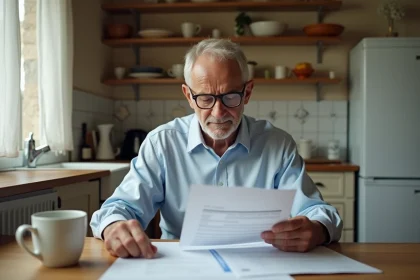 Retraité inquiet consultant ses documents de pension à la table de sa cuisine
