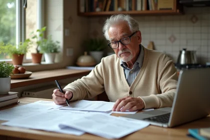 Retraité étudiant ses documents fiscaux et sa déclaration d'impôts 2026 à la table de sa cuisine