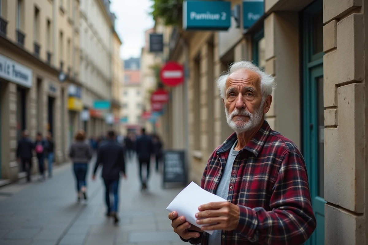 Retraité tenant une lettre de pension devant une agence bancaire dans une rue française en automne