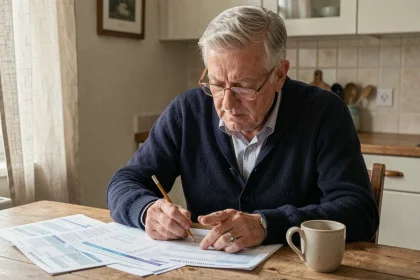 Retraité français examinant ses documents fiscaux et relevés de pension à la table de sa cuisine, illustrant la réforme de la fiscalité des retraites 2026