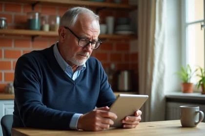 Retraité SNCF utilisant une tablette pour accéder au service en ligne des retraités depuis son domicile