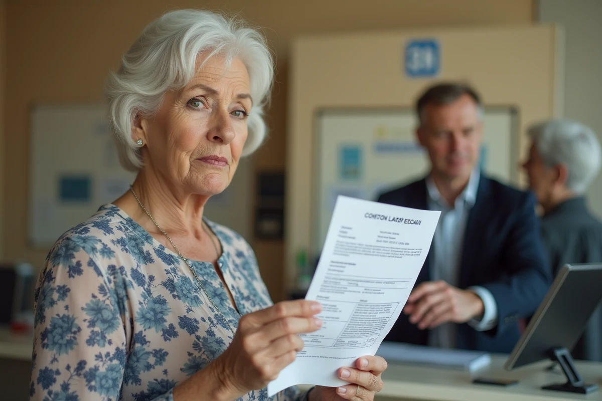 Femme retraitée dans une administration française tenant un relevé de pension, face à la nouvelle fiscalité sur les retraites