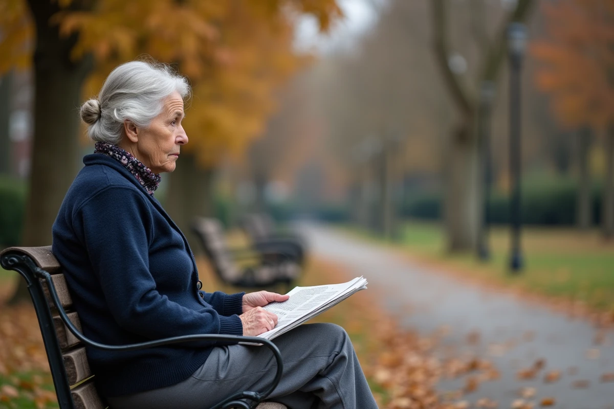 Retraitée lisant un journal sur un banc de parc en automne avec une expression préoccupée