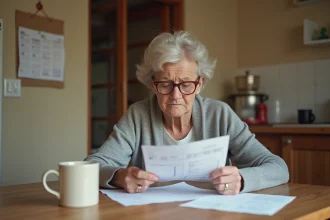Femme retraitée qui vérifie ses relevés bancaires et documents de retraite Agirc-Arrco à la maison