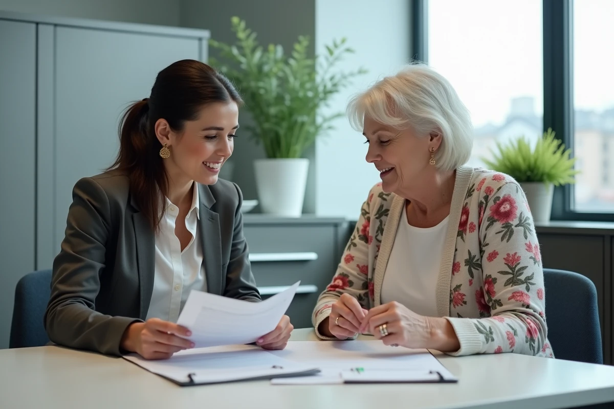 Assistante sociale et tutrice familiale en réunion de suivi de tutelle dans un bureau des services sociaux