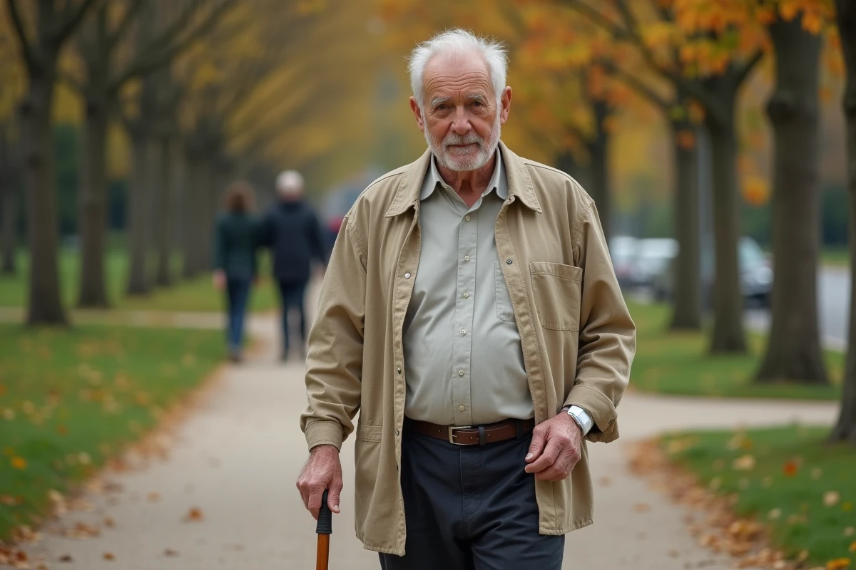 Personne âgée atteinte d'Alzheimer portant un bracelet GPS en promenade dans un parc urbain