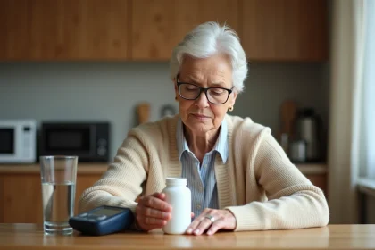 Femme senior examinant un complément alimentaire Bion 3 à côté d'un tensiomètre sur une table de cuisine
