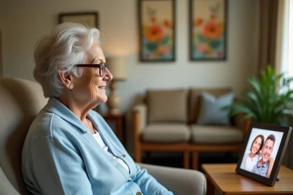 Personne âgée souriante devant un cadre photo connecté dans une maison de retraite
