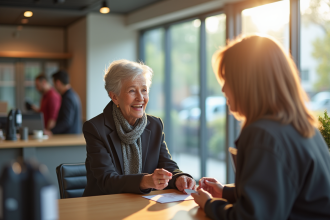 Femme senior souriante recevant sa carte senior au bureau