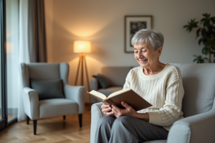 Femme senior lisant dans son appartement confortable