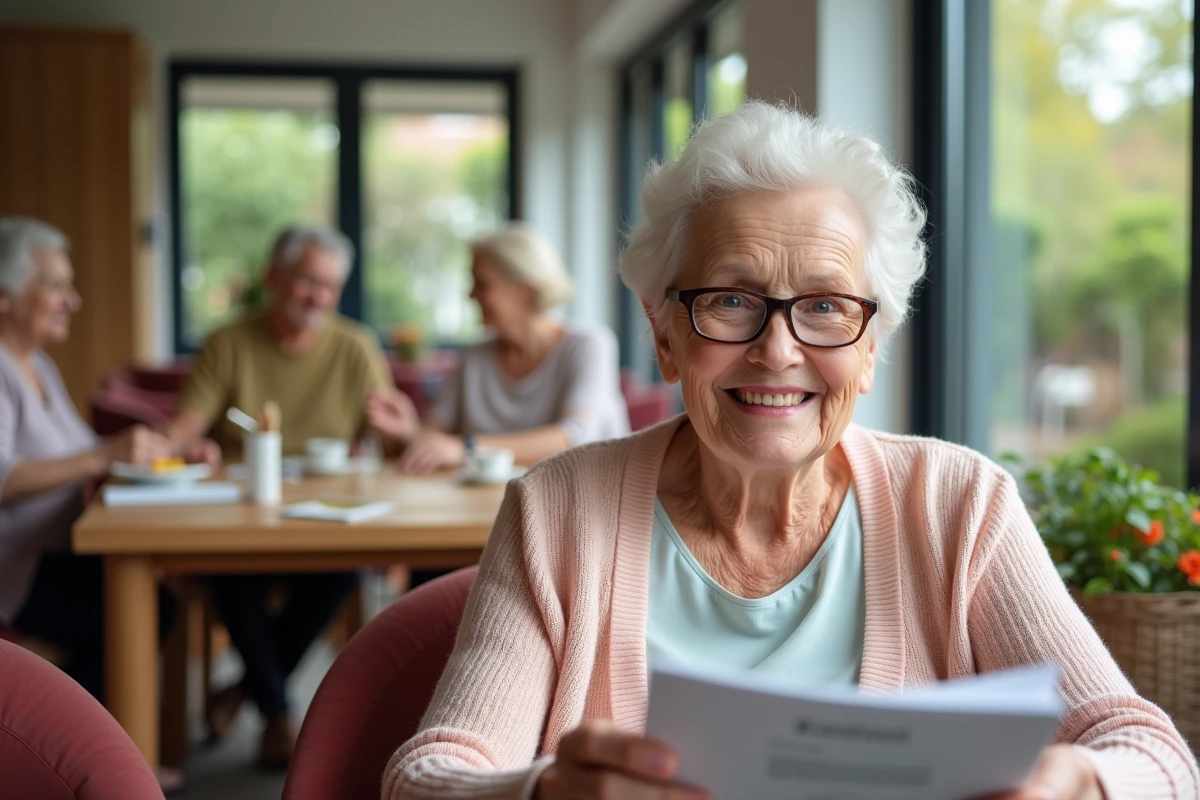 Femme senior souriante lisant une brochure dans un salon convivial