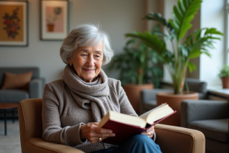 Femme âgée souriante lisant dans un salon moderne senior