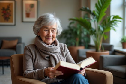 Femme âgée souriante lisant dans un salon moderne senior