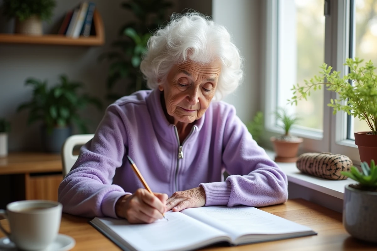 Femme senior concentrée sur un cahier de mots croisés en grands caractères à son bureau avec une tasse de thé