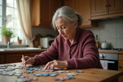 Femme senior jouant seule à un puzzle à grande pièces sur une table en bois dans une cuisine chaleureuse