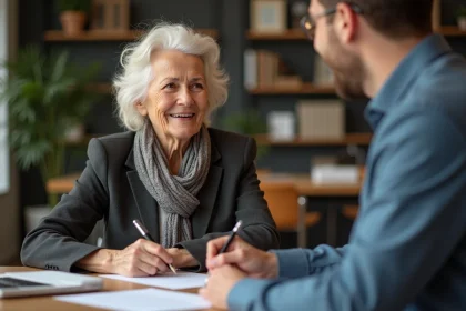 Femme senior signant un document dans un bureau accueillant