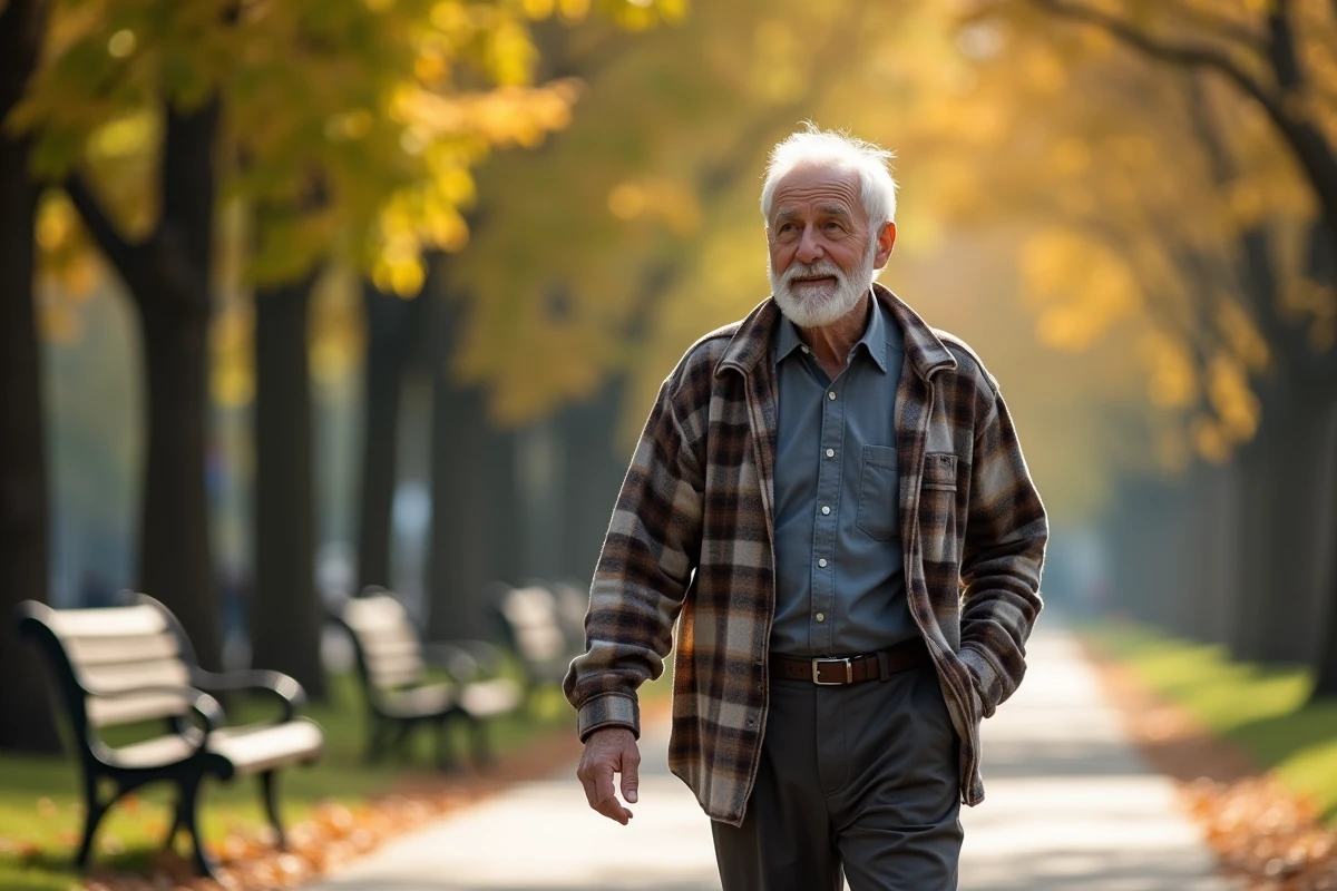 Homme senior en promenade dans un parc portant une montre connectée de détection de chute au poignet