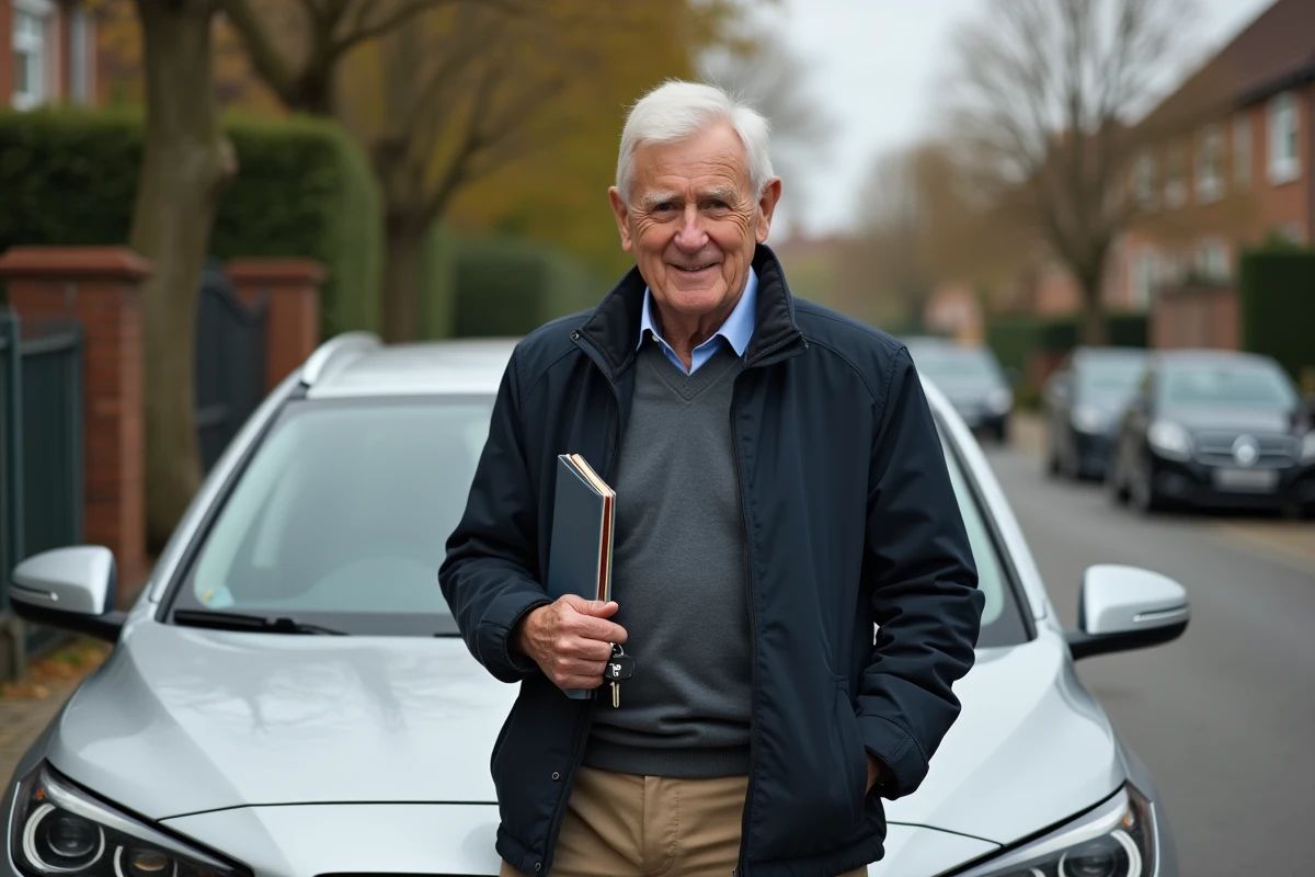 Un homme senior de plus de 70 ans tenant les clés de sa voiture et ses documents médicaux après avoir validé sa visite médicale pour le permis de conduire